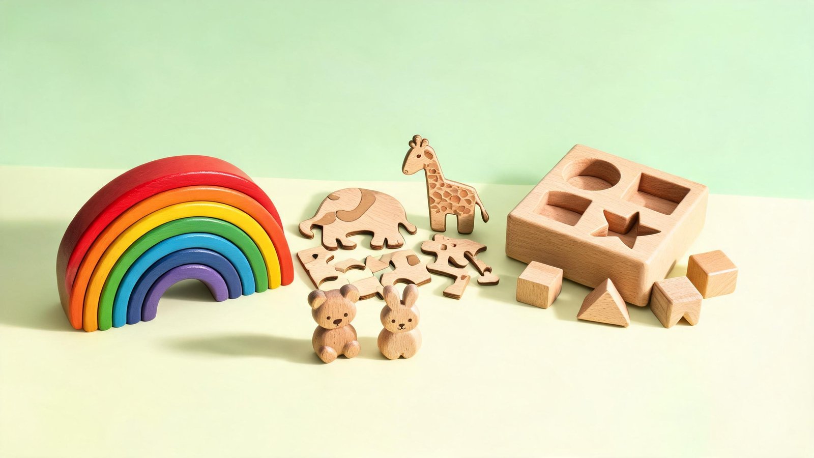 dee-toy wooden toy lineup — rainbow stacker, animal puzzles, shape sorter and blocks